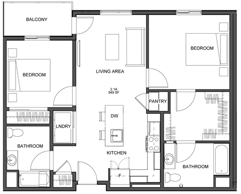 Floor plan for 2 beds, 2 baths, 949 sqft